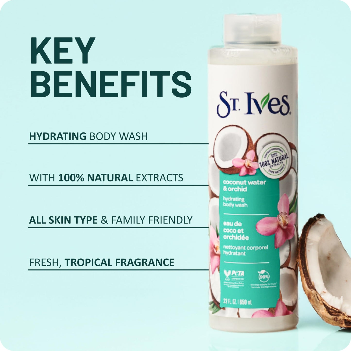 St. Ives Coconut Water & Orchid Hydrating Body Wash 100% Natural 22 oz.