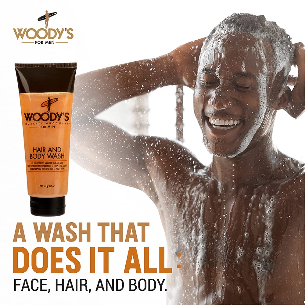 Woody's Hair and Body Wash for Men - 2-in-1 Cleanser & Body Wash, Deep Cleansing, Hydrating, Refreshing Scent, Sulfate-Free, 10 fl oz, 1 Pack