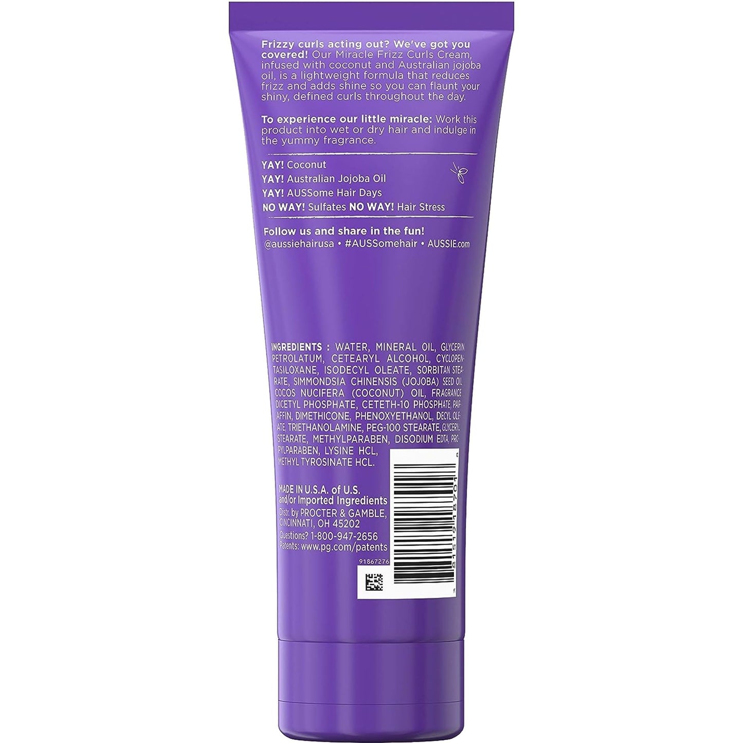 Aussie Miracle Curls Frizz Taming Cream 6.8 Ounce (Coconut & Jojoba Oil) (3 Pack)