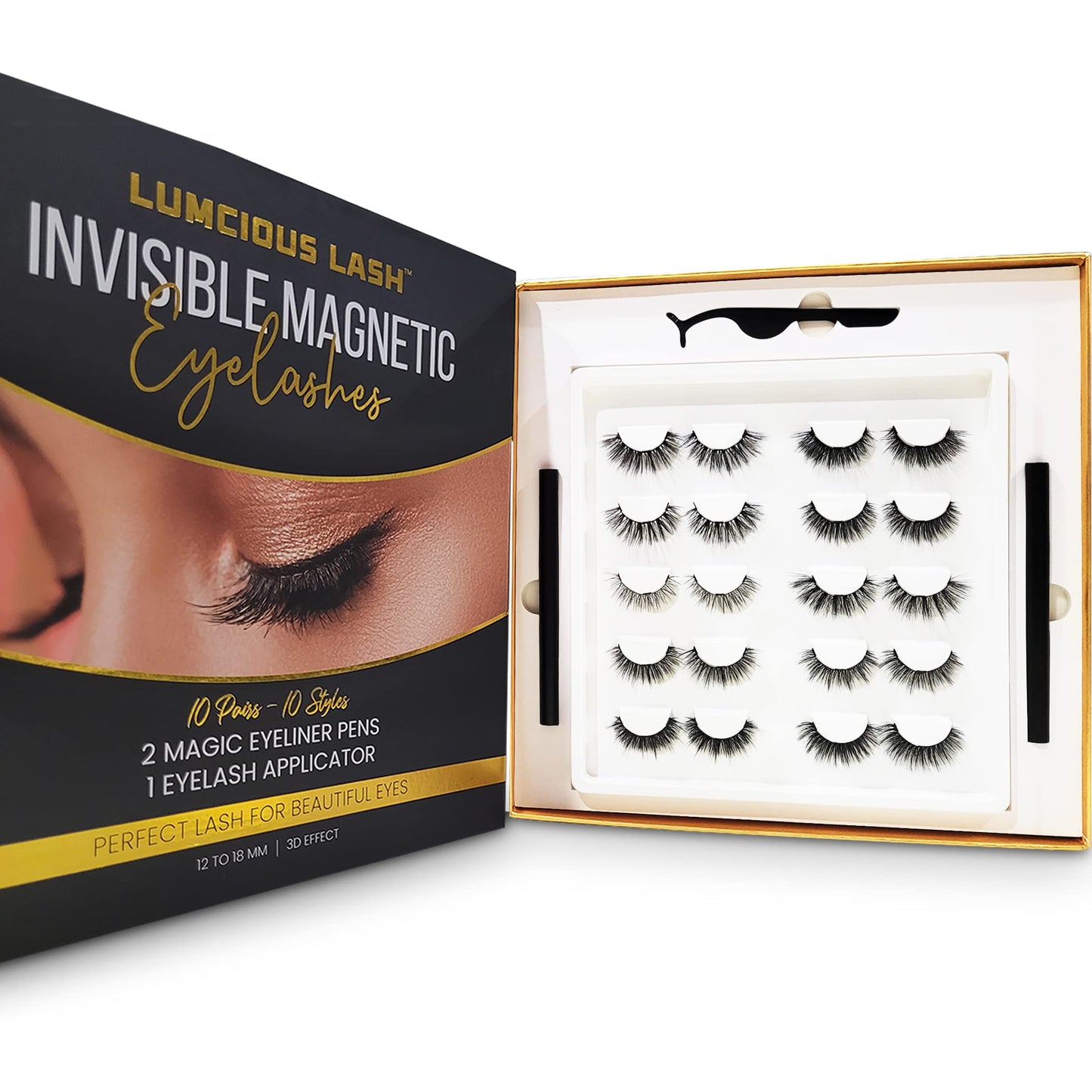 Invisible Magnetic Eyelashes and Eyeliner Kit- 10 Pairs Natural Look False Lashes With 2 Magic Magnetic Eyeliner Pens and Applicator- 3D Reusable