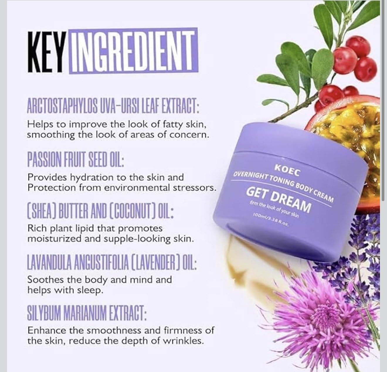 BEAUTIVANA KOEC Get Dream Overnight Toning Body Cream, Anti-Cellulite Firming Treatment with Passion Fruit Oil, Shea Butter, Lavender Oil, 3.38 Fl Oz