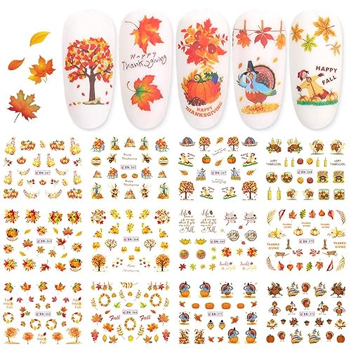 Fall Nail Stickers Autumn Maple Leaf Nail Art Decals Thanksgiving Day Water Decal Transfer Slider Set Turkey Pumpkin Nail Art Foil Stickers Nail