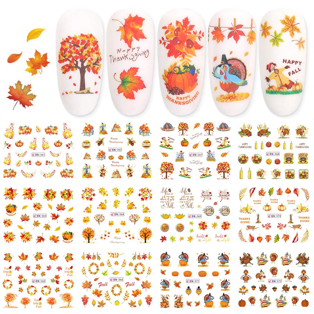 Fall Nail Stickers Autumn Maple Leaf Nail Art Decals Thanksgiving Day Water Decal Transfer Slider Set Turkey Pumpkin Nail Art Foil Stickers Nail