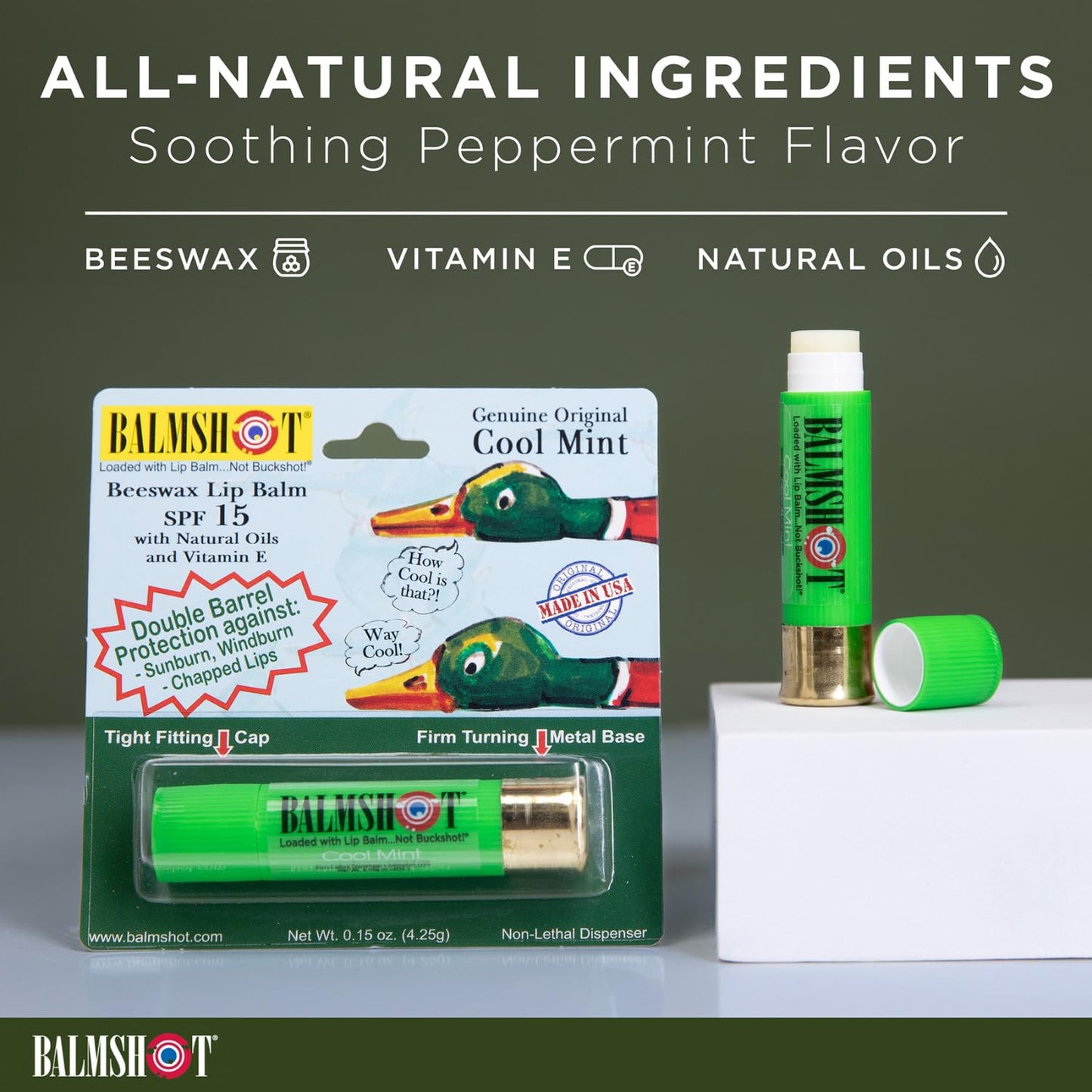 BALMSHOT Cool Mint Lip Balm SPF 15 (4-Pack) - Beeswax Chapstick for Men & Women, Deep Moisturizing Lip Repair for Dry Cracked Lips, 20-Gauge Brass