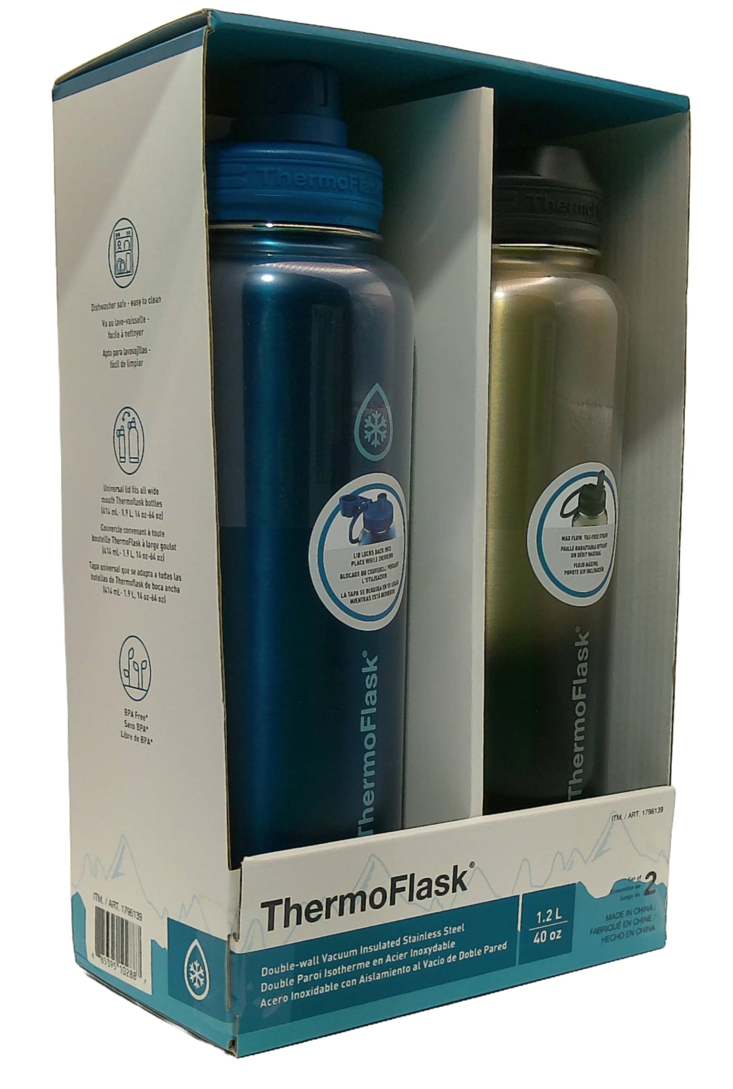 ThermoFlask Stainless Steel Water Bottle, 40 oz, 2-Pack (Silver/Blue Brushed)