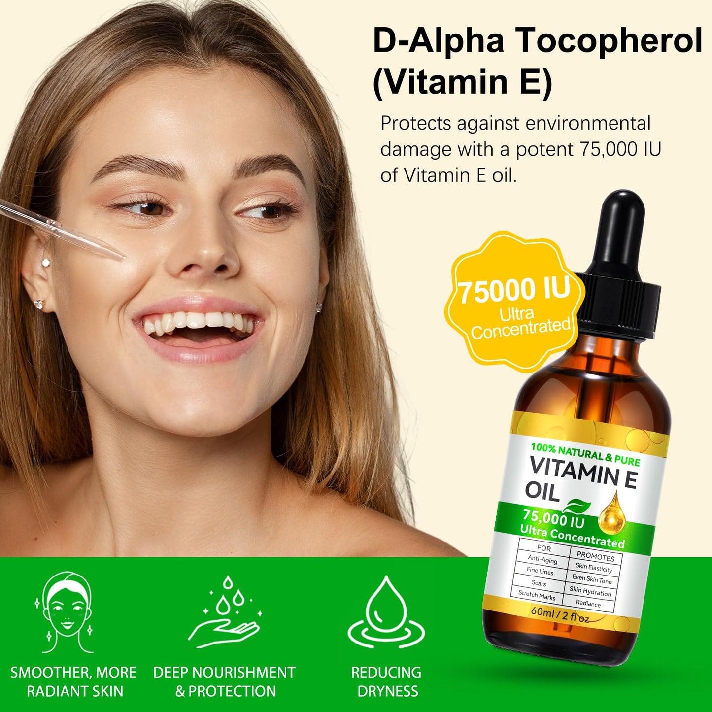 Vitamin E Oil, 75,000 IU Organic Pure Vitamin E Oil for Tightening Plump Skin, Reduce Fine Lines & Scars, Moisturizing Skin, Face & Full Body- 2Fl Oz Beauty and Personal Care DLOMFVFQ