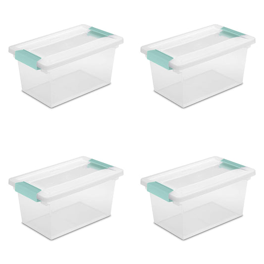 Sterilite Medium Clip Box, Stackable Small Storage Bin with Latching Lid, Plastic Container to Organize Office, Crafts, Clear Base and Lid, 4-Pack
