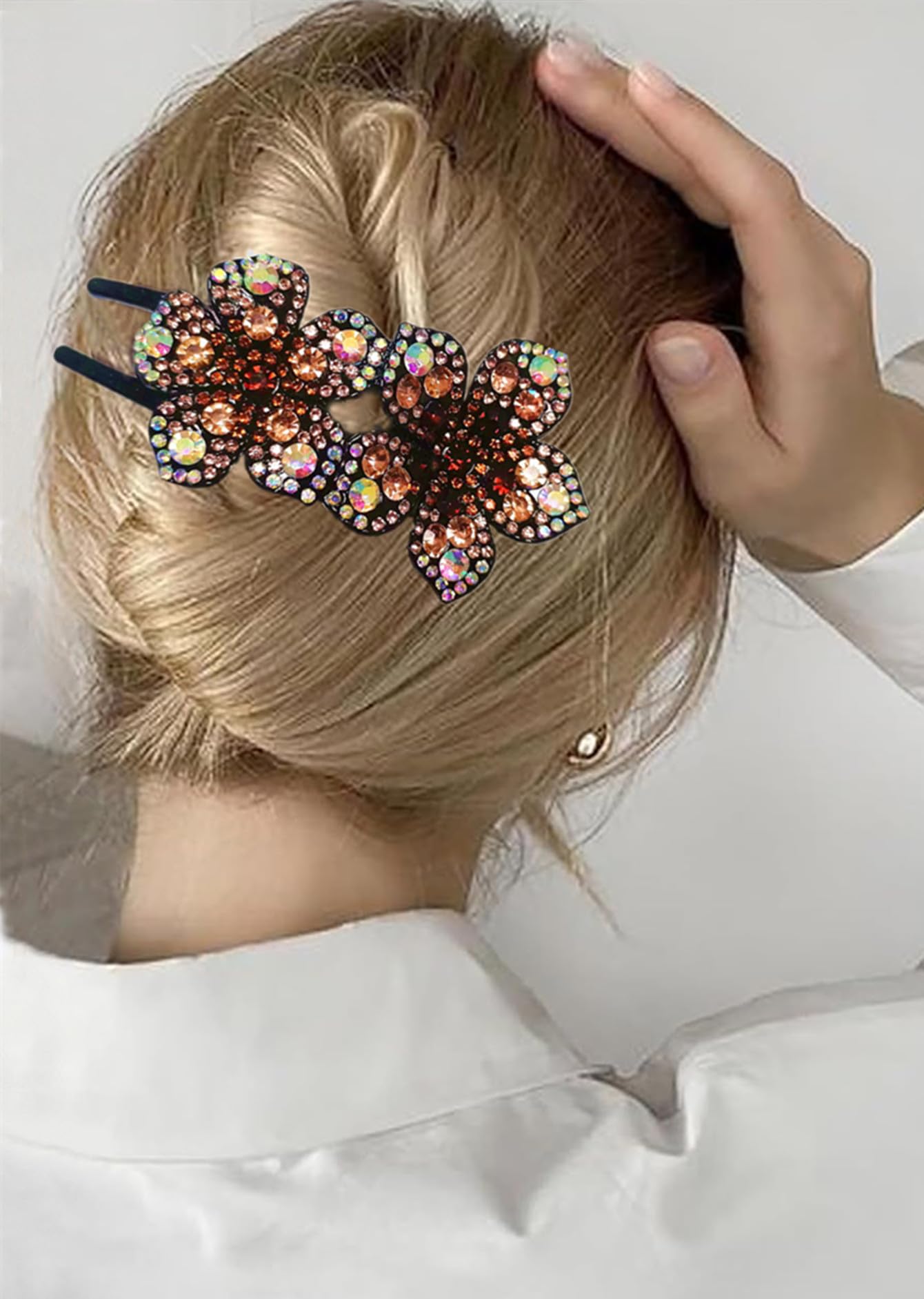 5 Pcs double flower decorative jeweled rhinestone hair clip pretty fancy floral thick crystal hair clips for women beautiful fashion designer asian