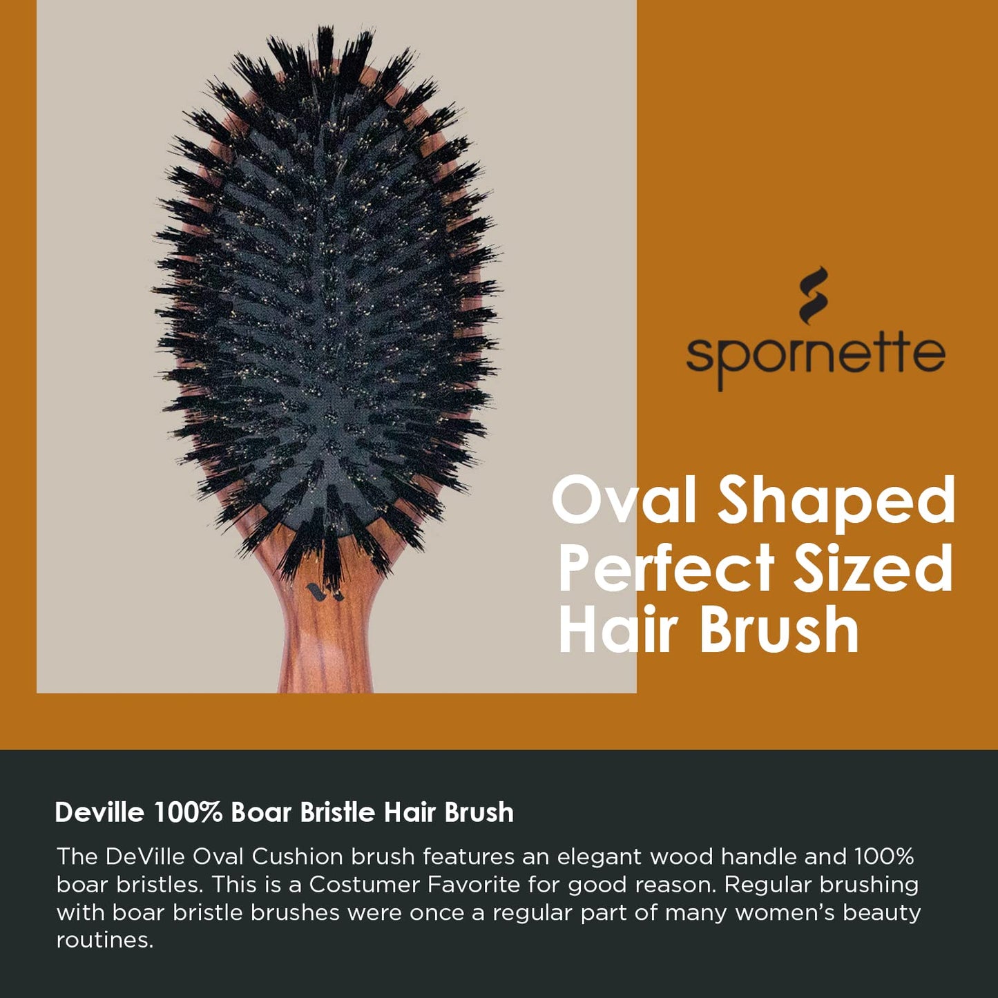 Spornette Deville Boar Bristle Wooden Paddle Hair Brush for Women - Cushion Oval Hair Straightening Brush for Blow Drying, Detangling, Smoothing