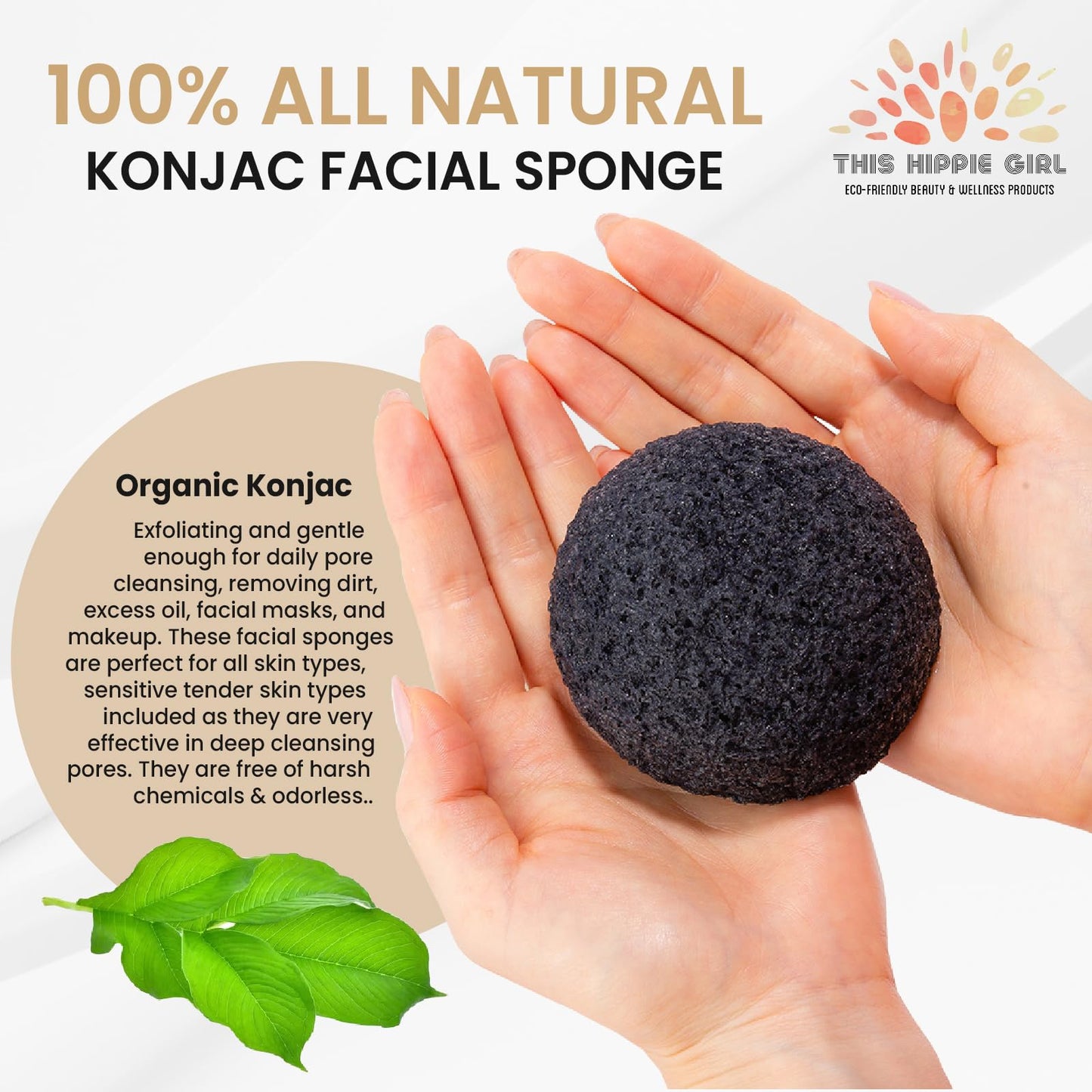 This Hippie Girl | Konjac Exfoliating Organic Facial Sponge | Plant Based Gentle Exfoliating Face Scrubbie | Acne Control Sponge | Charcoal Black