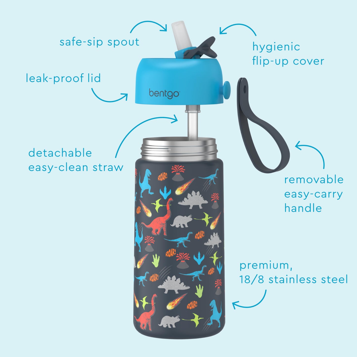 Bentgo® Kids Stainless Steel Insulated Water Bottle - Leak-Proof; Keeps Cool for 12 Hours; Durable, BPA-Free, Dishwasher Safe 14 oz. Cup for Ages 3+