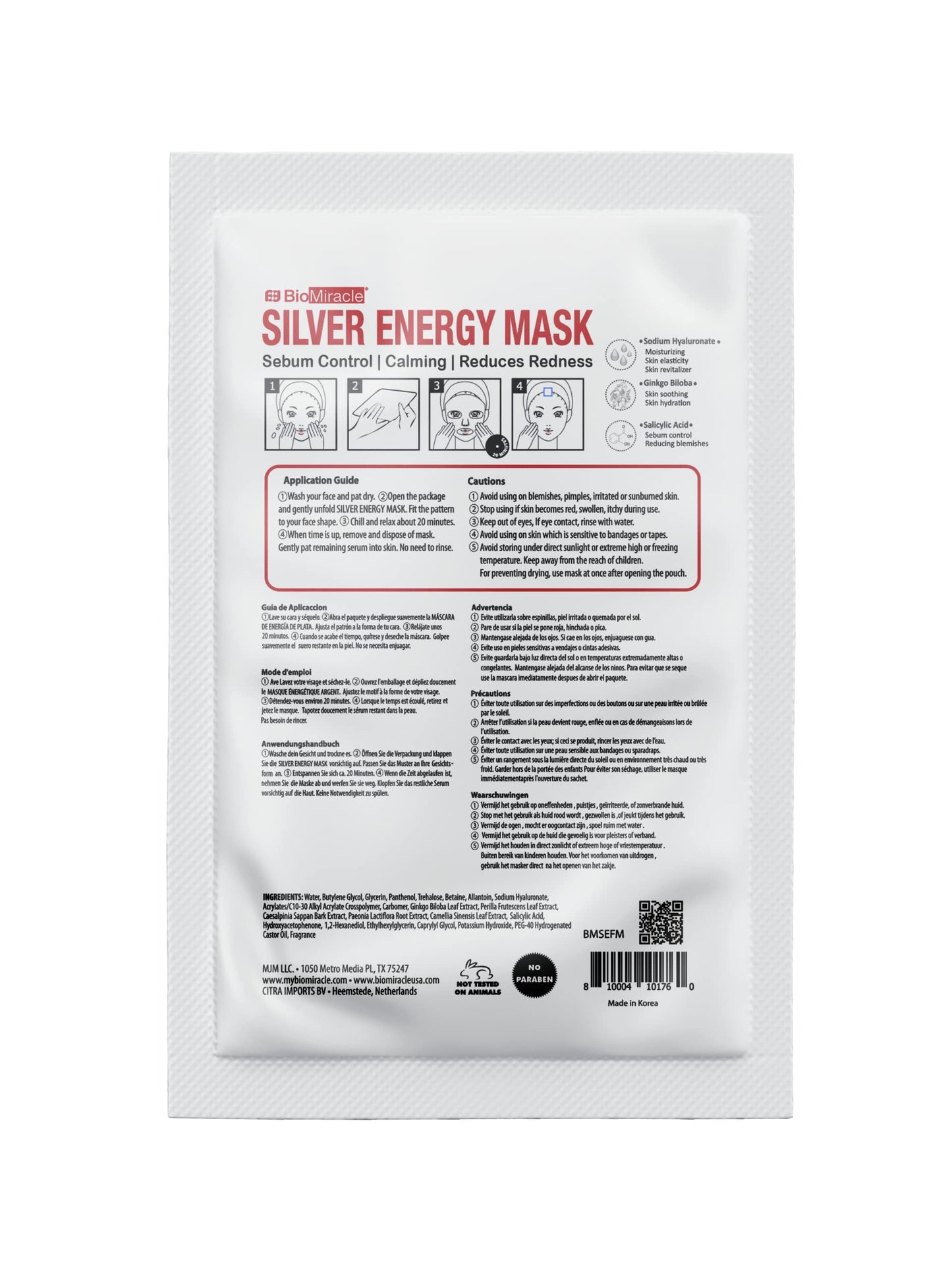 BioMiracle Silver Energy Mask with Sodium Hyaluronate, Ginkgo Biloba, Salicylic Acid for blemish-prone skin to purify, detoxify, revitalize skin