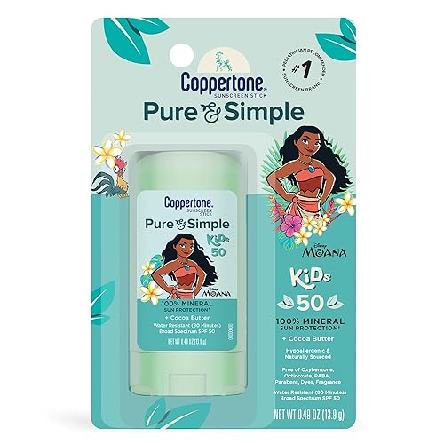 Coppertone Pure and Simple Kids Exclusive Disney Moana Sunscreen Stick SPF 50, Hypoallergenic, Mineral Sunscreen for Kids, Water Resistant, Oxybenzone