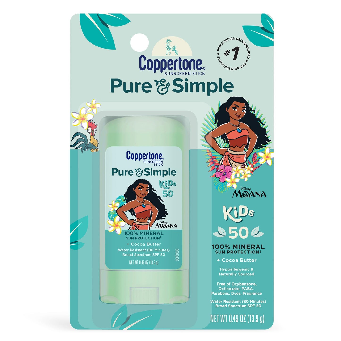 Coppertone Pure and Simple Kids Exclusive Disney Moana Sunscreen Stick SPF 50, Hypoallergenic, Mineral Sunscreen for Kids, Water Resistant, Oxybenzone