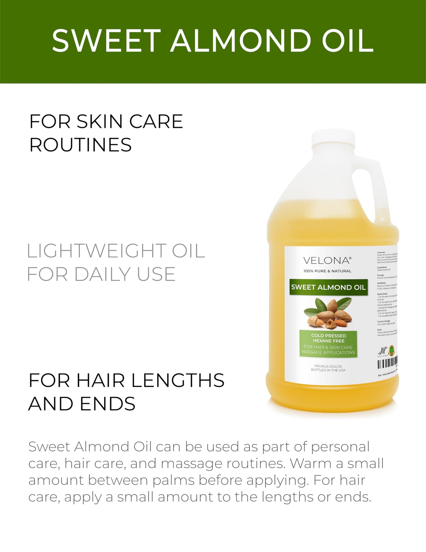 velona Sweet Almond Oil - 64 Fl Oz | 100% Pure and Natural Carrier Oil |Cold Pressed | Skin, Hair, Body & Face Moisturizing | Use Today - Enjoy Beauty and Personal Care velona