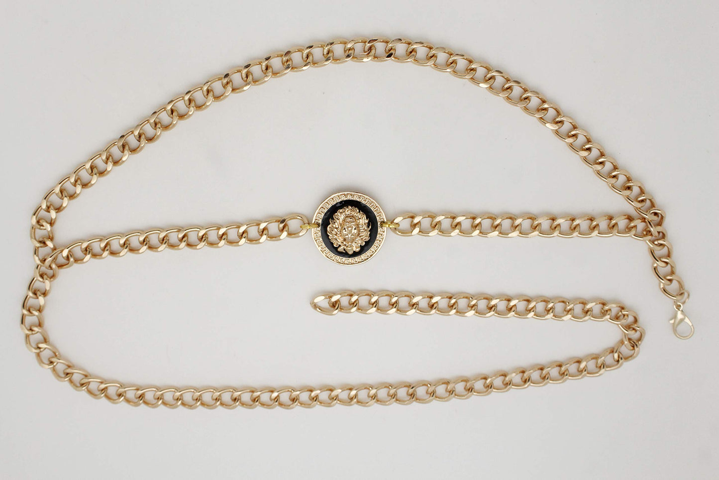 Women’s Trendy Gold Metal Chain Links Belt with Lion Head Charm - Adjustable Fit M/L/XL - Waist or Hip Wear