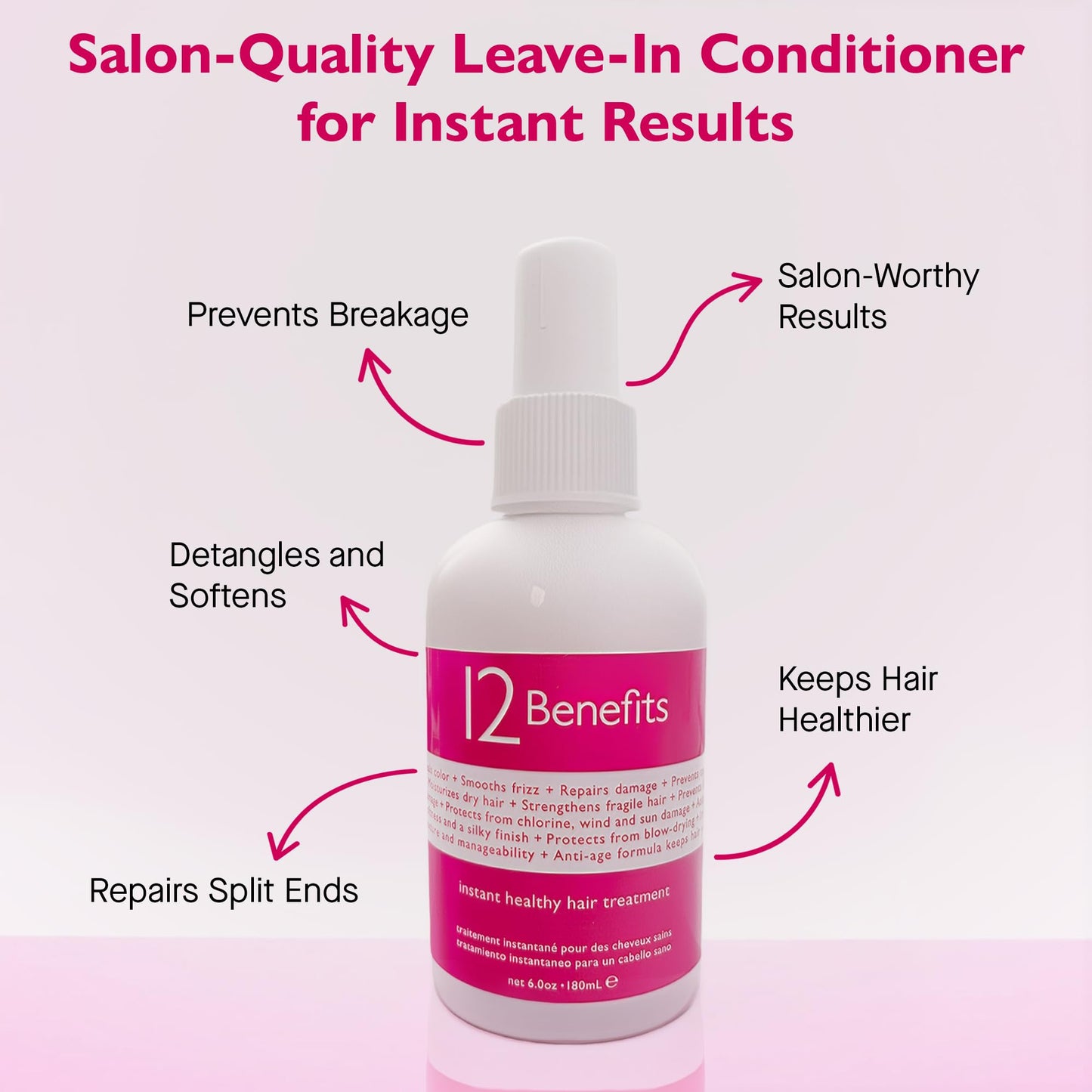 12 Benefits Leave-In Conditioner Spray - Instant Healthy Hair Treatment, Anti-Frizz, Detangles, Strengthens & Repairs, Heat Protection with Quaternium