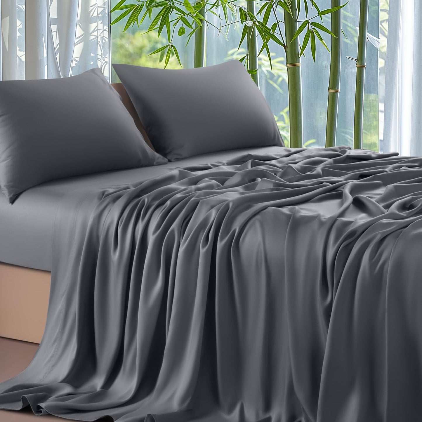 Shilucheng 100% Viscose Derived from Bamboo_ Sheets Queen Size 4pcs - Ultra Cooling & Silky Soft Bed Sheets, 16" Deep Pocket, Perfect for Hot