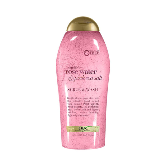 OGX Sensitive + Rose Water & Pink Sea Salt Exfoliating Body Scrub + Rose Quartz, Gentle Exfoliating Daily Body Wash Softens Skin, Body Scrub
