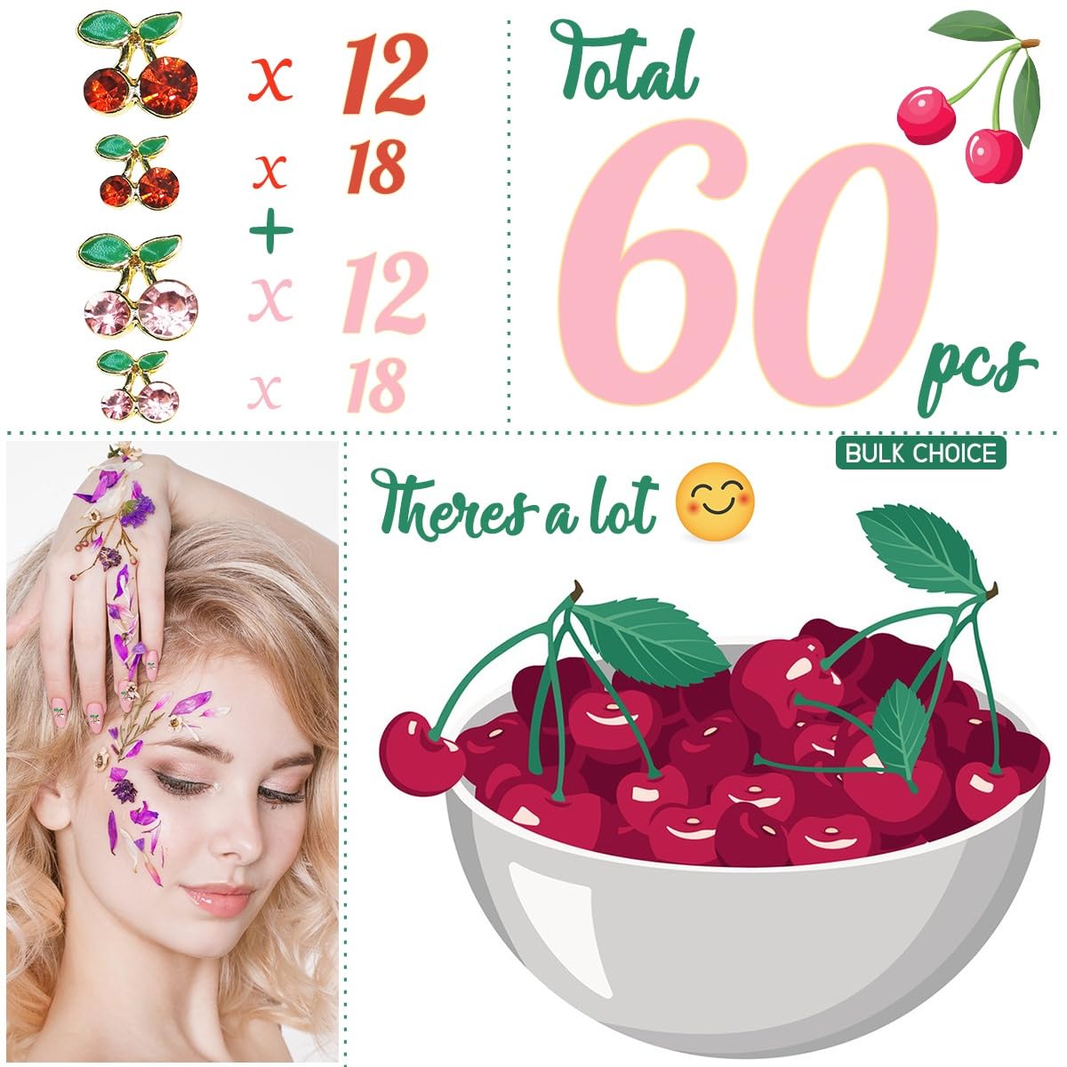 qiipii 60 Pcs 3D Cherry Nail Charms Cherry Nail Rhinestones Nail Art Shiny Gems Nail Studs Cute Fruit Nail Diamond Crystal Luxury Jewelry for Nails
