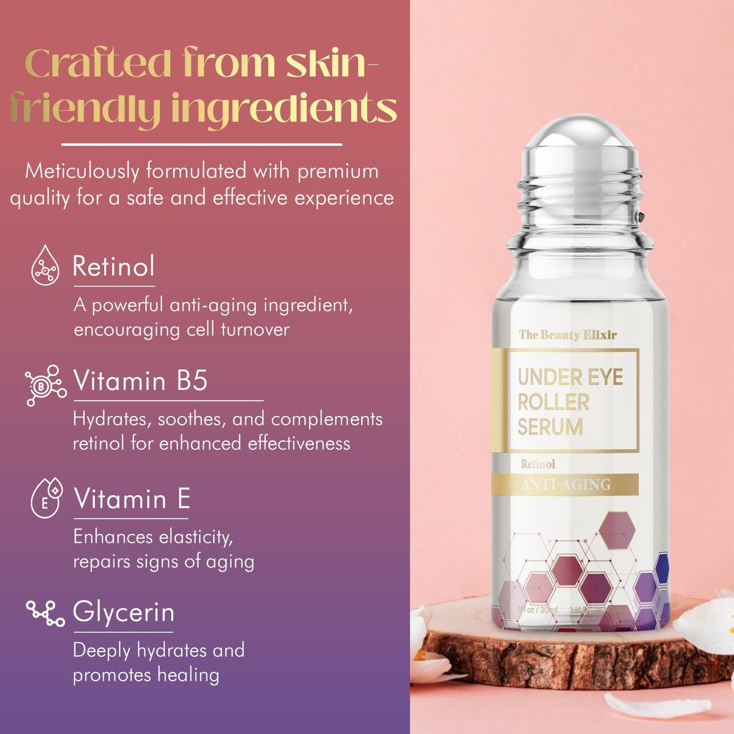 The Beauty Elixir Retinol Eye Roller For Puffy Eyes & Dark Circles - Brightens Under Eyes - Crow's Feet Treatment - Dermatologist Tested, Natural