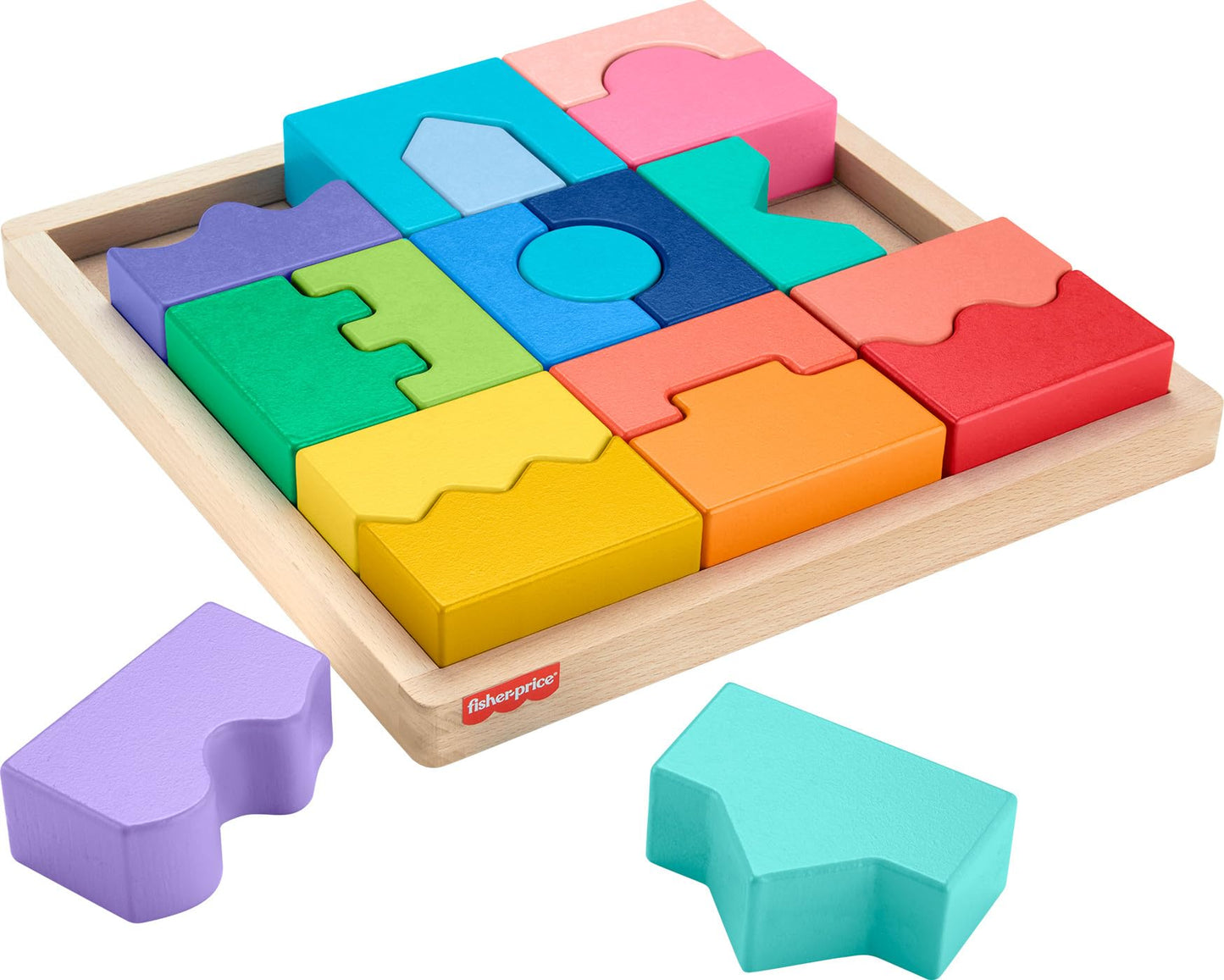 Fisher-Price Wood Toddler Toy Interlocking Blocks Stacking Jigsaw Puzzle with 20 Wooden Pieces for Kids Ages 18+ Months