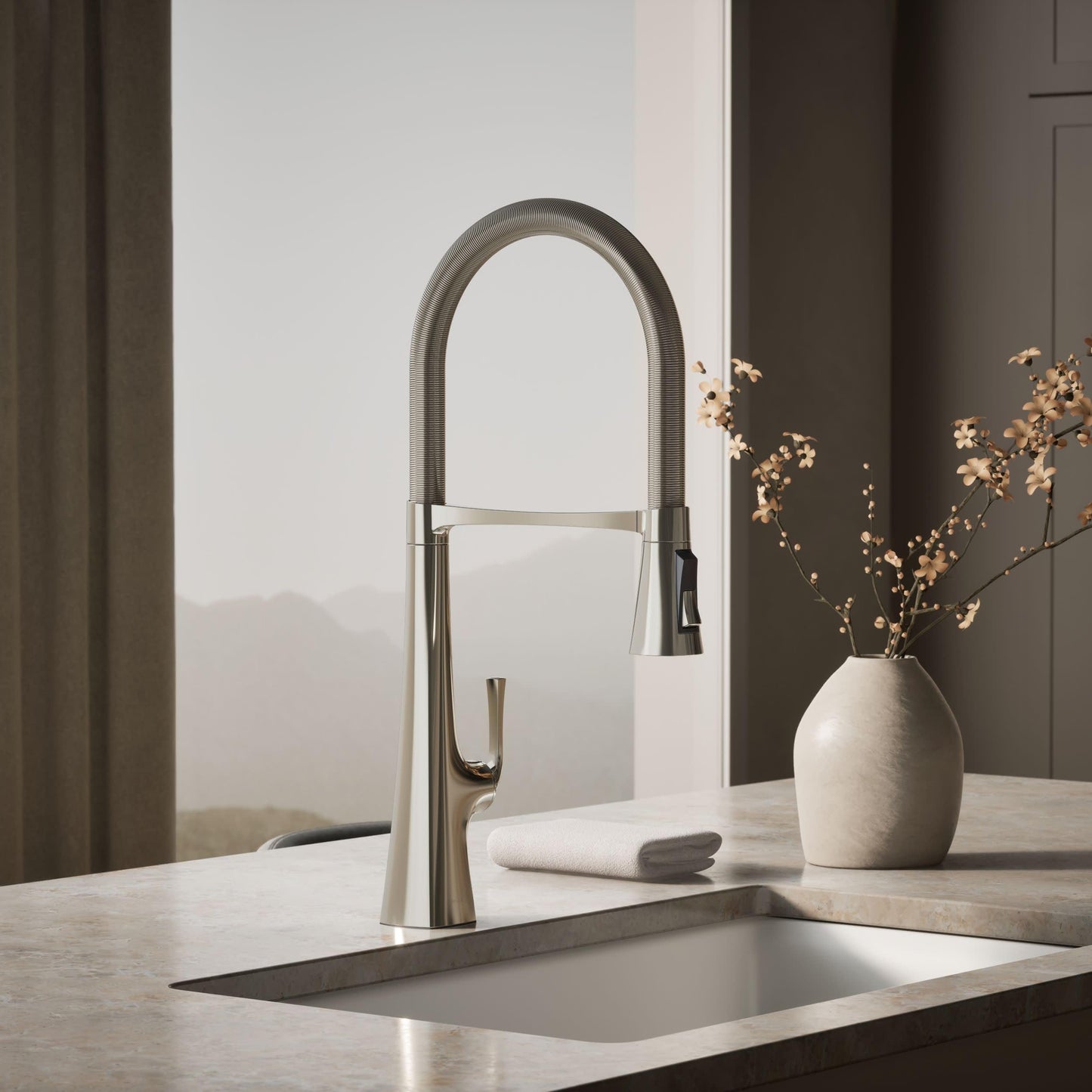 Kohler 22060-SN Graze Commercial, 3 Function Tall Semi-pro Kitchen Sink Faucet with Pull Down Sprayer, Vibrant Polished Nickel