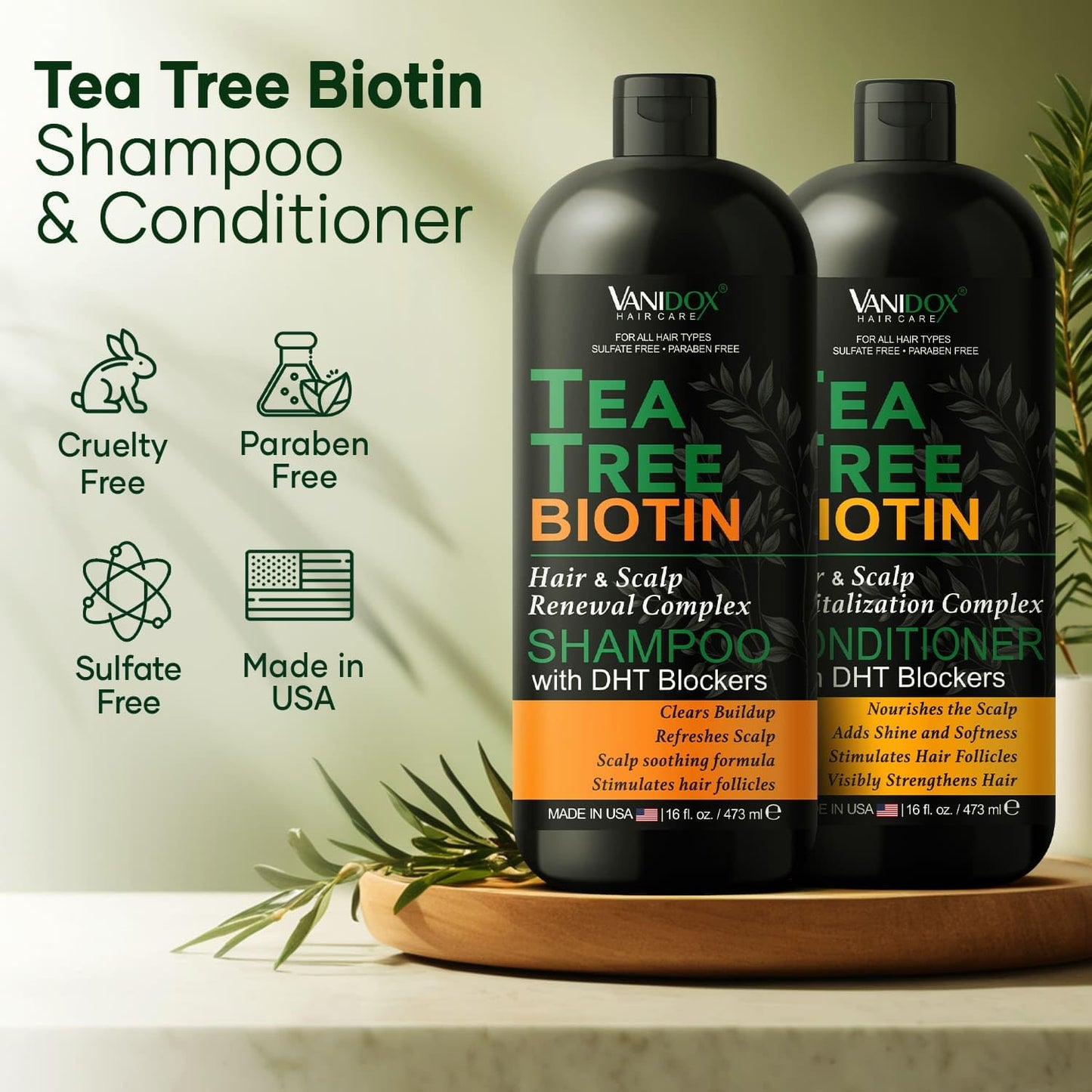 Tea Tree Oil Shampoo and Conditioner Set with Biotin, DHT Blockers, Itchy Scalp Relief, Supports Thicker-Looking Hair, Cleanses Dandruff & Buildup