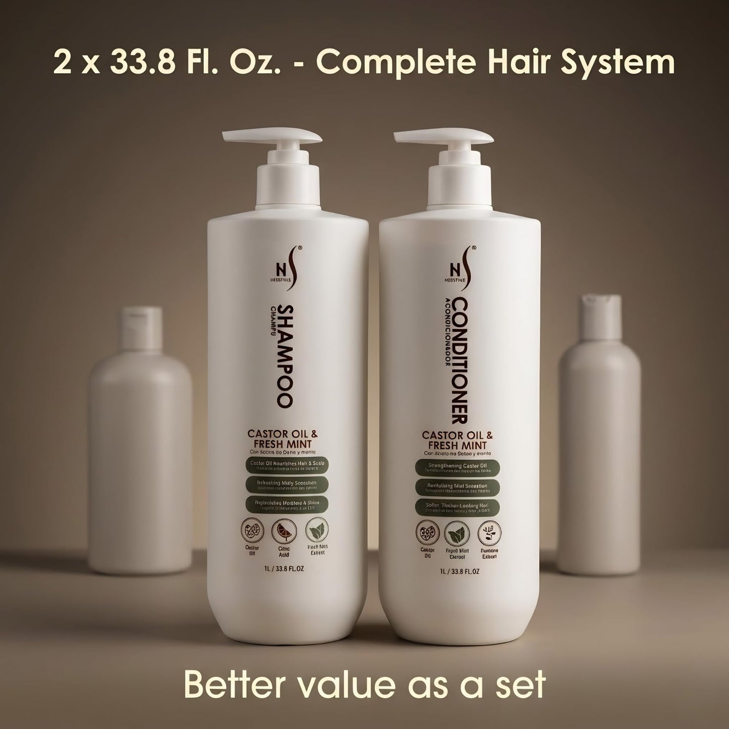 HerStyler Castor Oil Shampoo and Conditioner Set for Men - Cooling Mint Sensation - Contains Aloe and Purslane - Soothes Dry Flaky Scalp - Softer