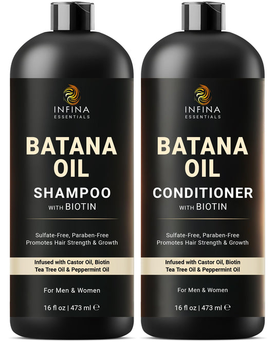 INFINA ESSENTIALS Batana Oil Shampoo and Conditioner Set | 16 fl oz Each | with Biotin & Tea Tree | Moisturizing, Strengthening & Nourishing Formula |