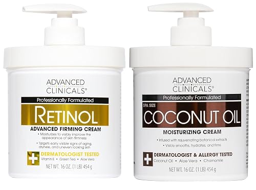 Advanced Clinicals Unscented Retinol Body Lotion & Face Moisturizer + Coconut Oil Body Cream For Women & Men | 2PC Skincare Set Helps Reduce