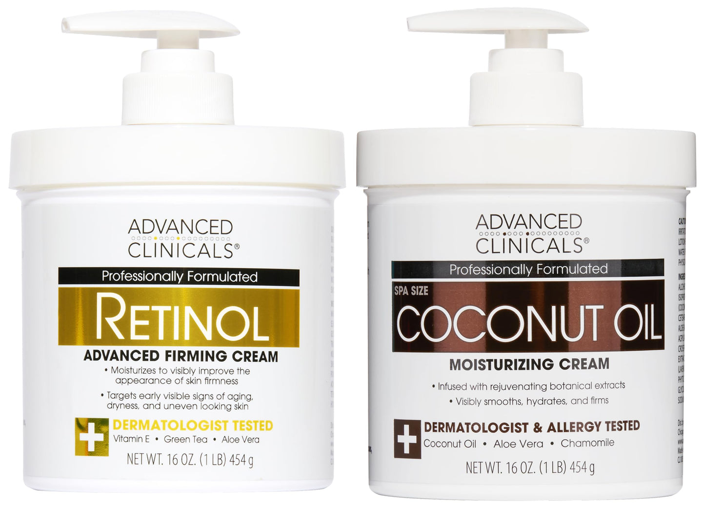 Advanced Clinicals Unscented Retinol Body Lotion & Face Moisturizer + Coconut Oil Body Cream For Women & Men | 2PC Skincare Set Helps Reduce
