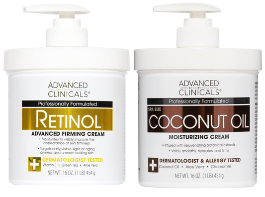 Advanced Clinicals Unscented Retinol Body Lotion & Face Moisturizer + Coconut Oil Body Cream For Women & Men | 2PC Skincare Set Helps Reduce