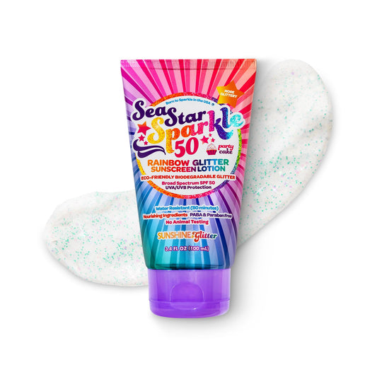 Seastar Sparkle - Rainbow Party Cake Scented Glitter Sunscreen - SPF 50 - Biodegradable Sunscreen, Kids, Water Resistant, Glitter lotion, Cruelty