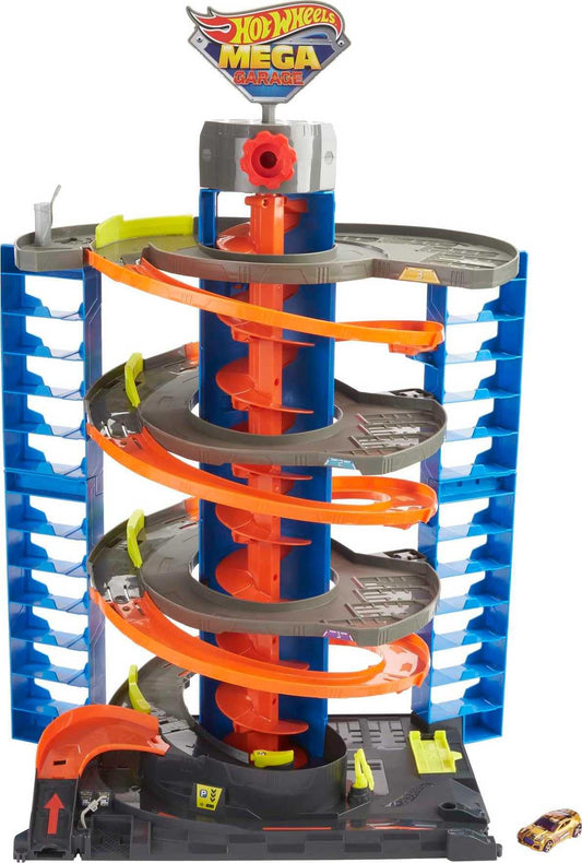 Hot Wheels City Mega Garage Playset with Corkscrew Elevator, Parking for 60+ Cars, Includes 1:64 Scale Vehicle, Kids Toy Gift Ages 4+ (HFH03)