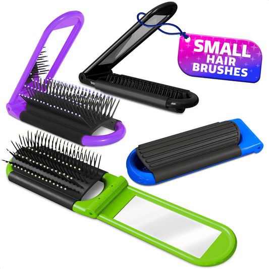 4 Pack Folding Travel Hair Brush - Travel Brush for Women with Built-in Mirror and Massage Comb in 4 Colors, Plastic & Nylon Bristles, Compact Size