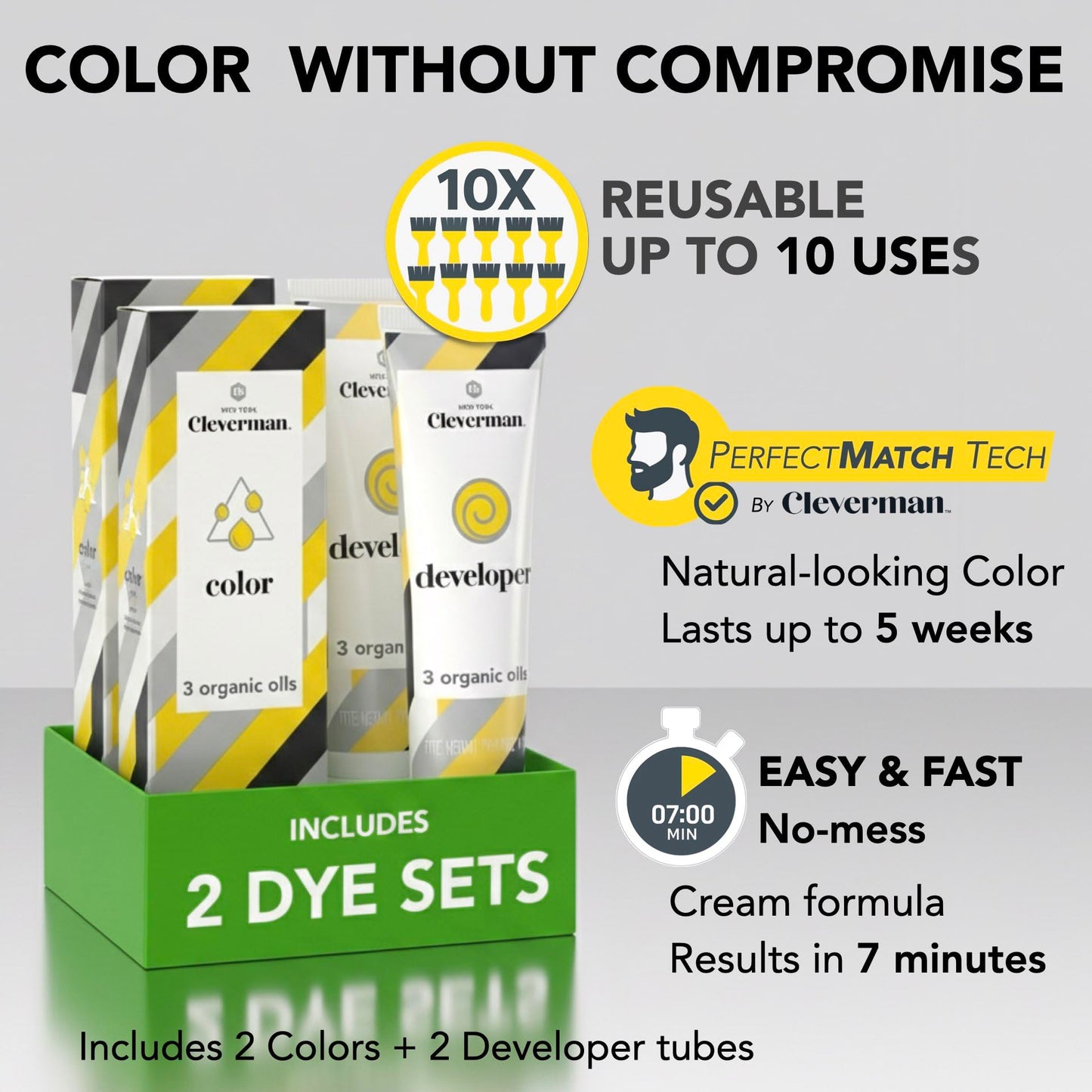2X Reusable Hair & Beard Dye for Men - Medium Blond 8.01 | Up to 10 Uses, 7 Minutes | Natural Gray Coverage, No-Drip Cream with SkinArmour®