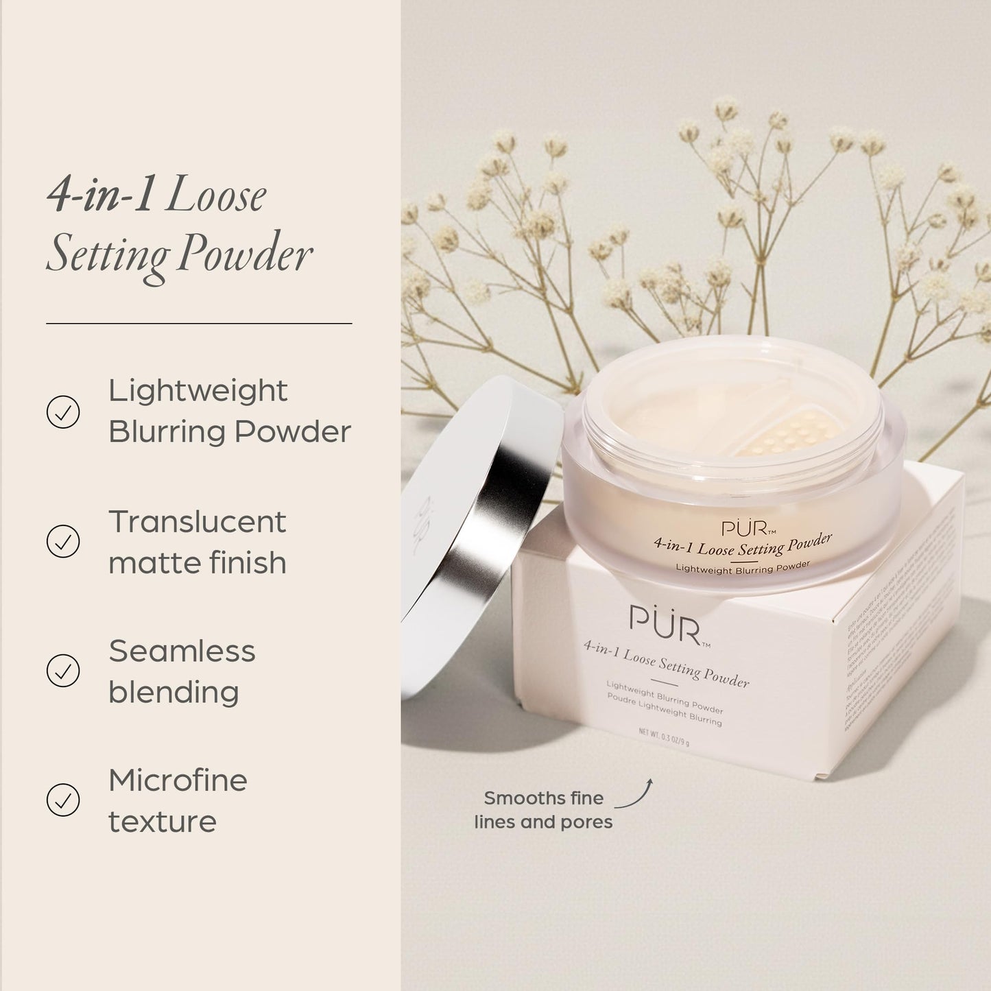 PUR 4-in-1 Loose Setting Powder - Translucent Finishing Powder Sets & Smooths Makeup - Lightweight Blurring Face Powder for Oily, Mature & Sensitive