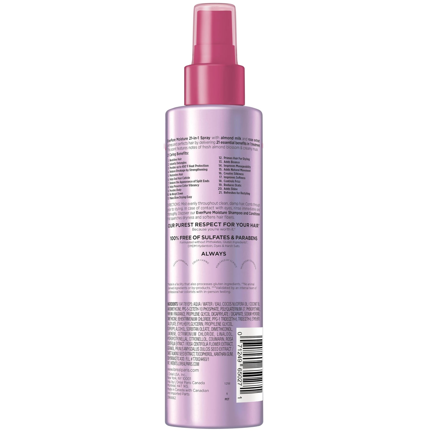 L'Oreal Paris Sulfate Free Moisture 21-in-1 Leave-In Conditioner for Dry Hair, EverPure, 6.7 fl oz