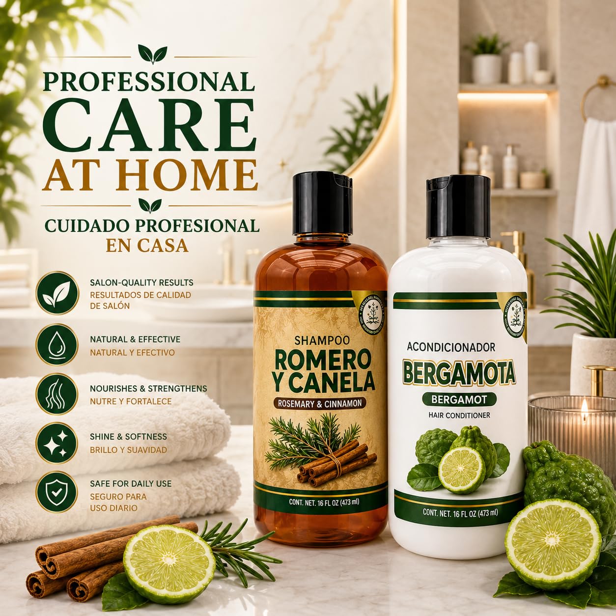 HIGH SUPREME Shampoo Romero, Sábila & Canela + Acondicionador de Bergamota - 16.9 fl oz each - Premium Nourishing Hair Care Set - Nutre y Revitaliza