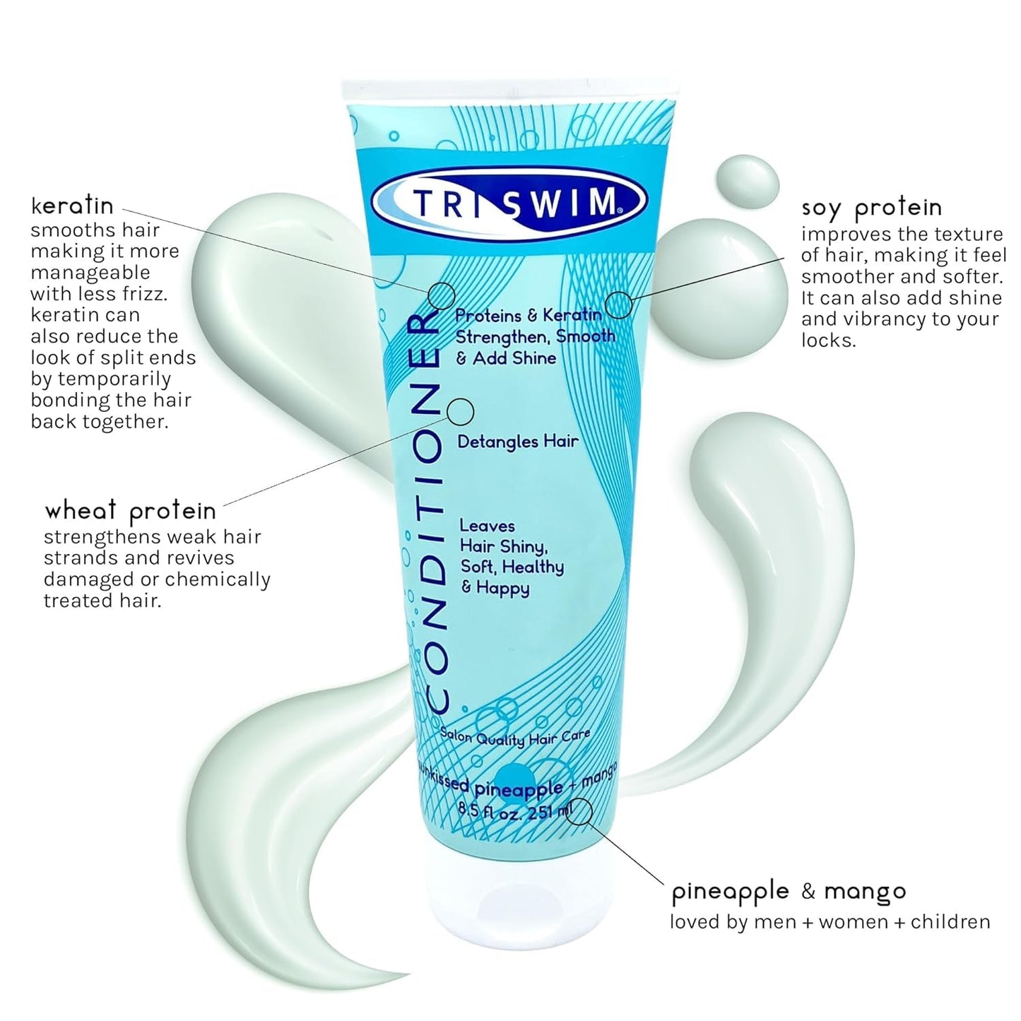 TRISWIM Swim Conditioner 8.5oz | Hydrates, Strengthens & Smooths Hair | Repairs Damage from Chlorine, Bromine & Saltwater | Protein & Keratin Formula