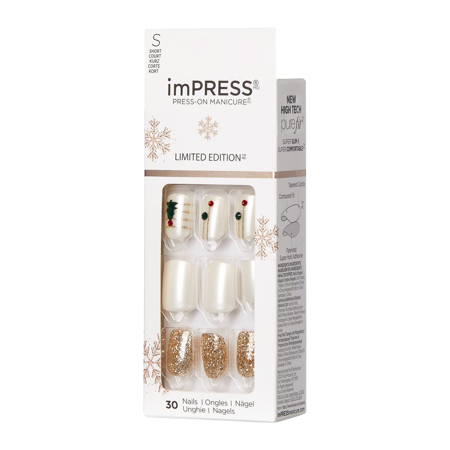 KISS imPRESS Limited Edition Holiday Press-On Nails, Short Size Square Fake Nails, with Prep Pad, Mini Nail File, Cuticle Stick, & 30 False Nails Beauty & Personal Care KISS