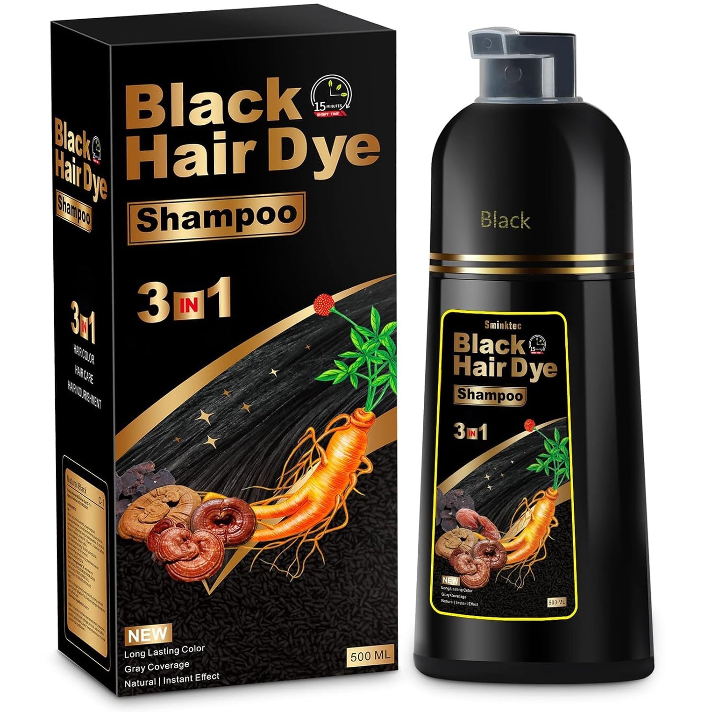 Sminktec Hair Dye Shampoo 3 in 1 for Gray Hair, Herbal Ingredients Natural Shampoo Hair Dye for Women Men (Black) Beauty and Personal Care Sminktec
