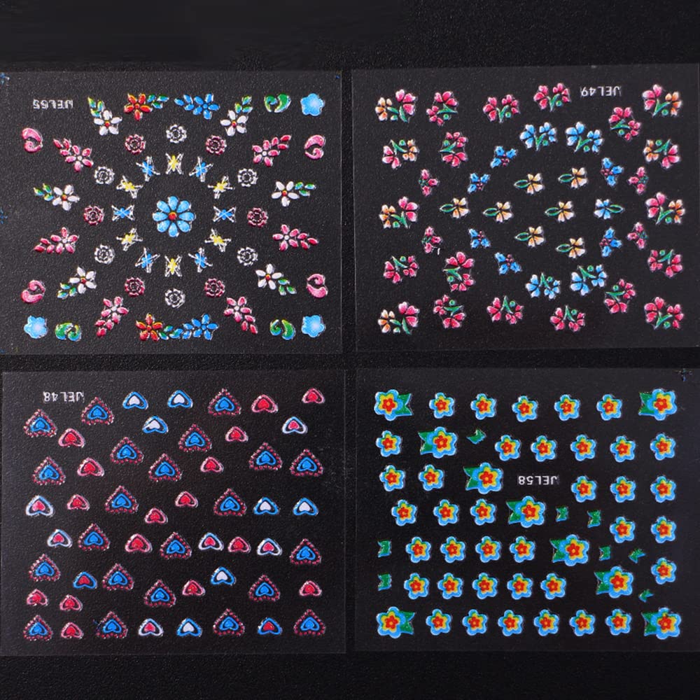 WOKOTO 90Pcs Self-Adhesive 3D Design Nail Art Sticker Colorful White Black Flower Fingernail Decals Nail Art Decoration Decals with 1 Pcs Anti-Static