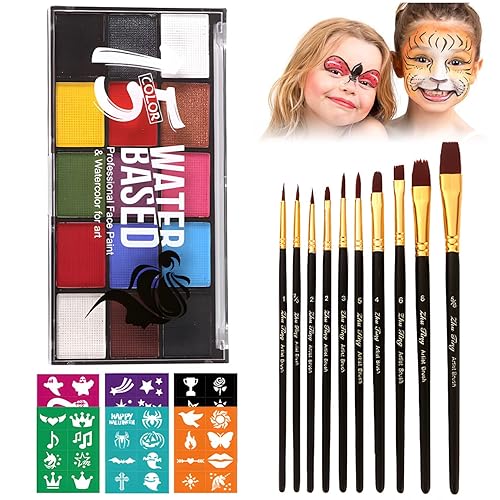 Face Painting Kit for Adults, Water Activated Body Face Paint, 15 Colors Water Based Facepaints Makeup Palette 12 Pcs Brushes, Stencils, Non Toxic