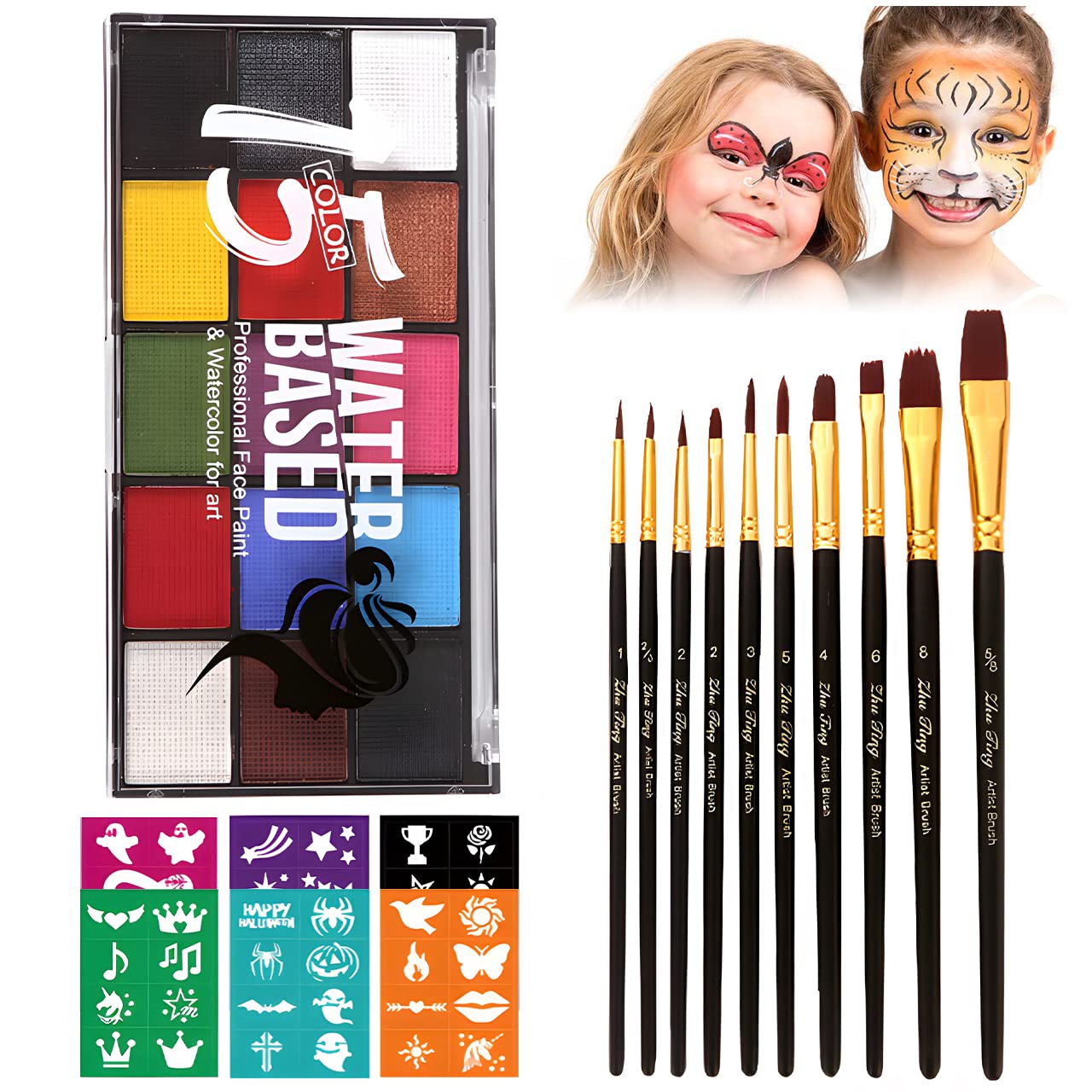 Face Painting Kit for Adults, Water Activated Body Face Paint, 15 Colors Water Based Facepaints Makeup Palette 12 Pcs Brushes, Stencils, Non Toxic