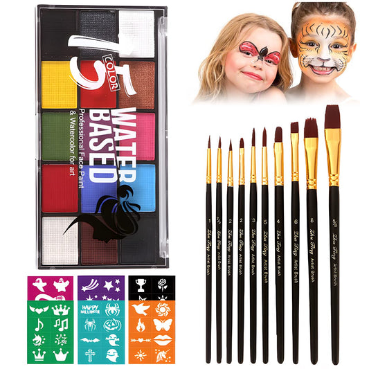 Face Painting Kit for Adults, Water Activated Body Face Paint, 15 Colors Water Based Facepaints Makeup Palette 12 Pcs Brushes, Stencils, Non Toxic