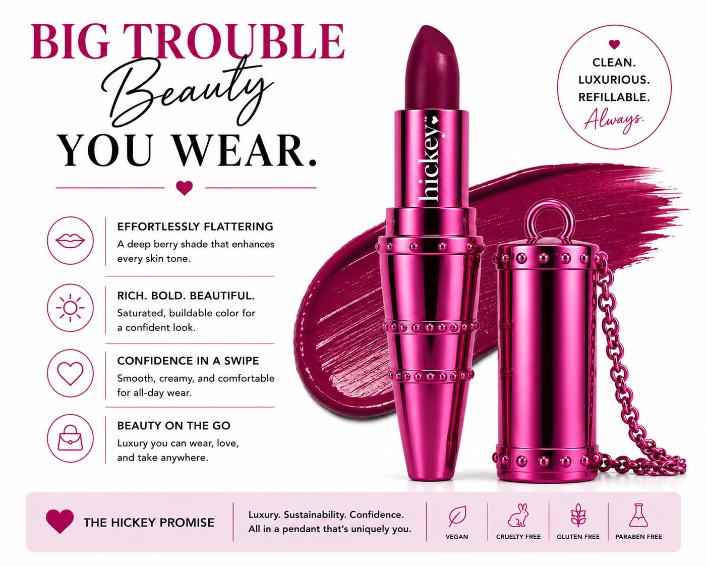 Hickey Refillable Pendant Lipstick, Big Trouble[Berry Wine] - Wearable Satin Lip Color on a Chain, Refillable Clean Beauty, Full Lipstick Included