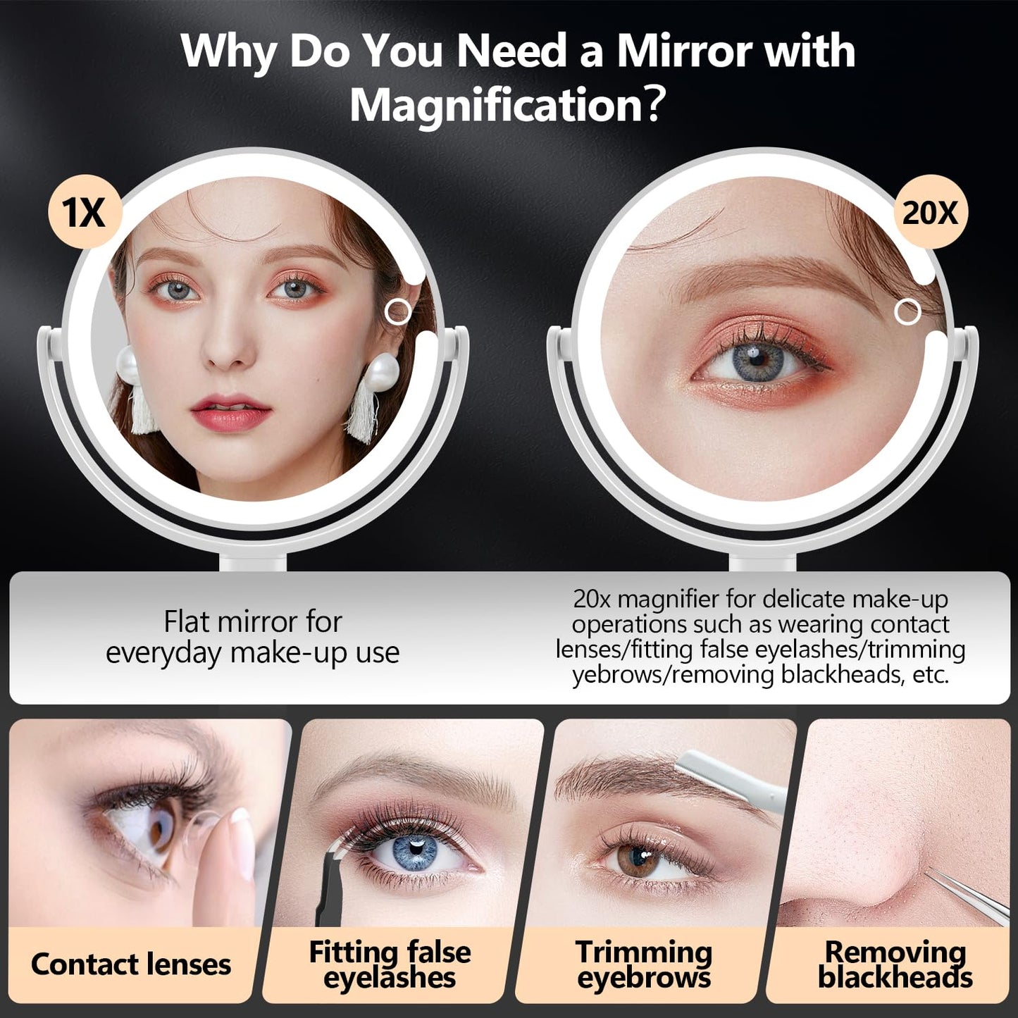MIYADIVA Makeup Mirror with Lights,20X Magnifying Mirror with Light and Touch Switch,Vanity Mirror with 3 Color Light and 80 LEDs,2-Sided Lighted Beauty and Personal Care MIYADIVA
