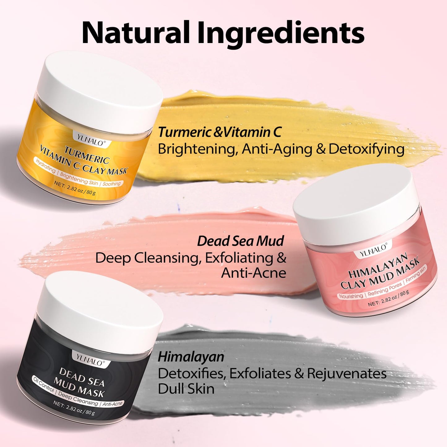 YLNALO Stocking Stuffers for Women 3 Pcs Clay Facial Mask Set - Turmeric Vitamin C, Dead Sea and Himalayan Clay Skin Care Mask for Deep Cleansing